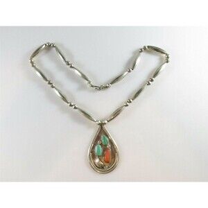 Tsethlikai Jo. Zuni Sterling Silver Coral Turquoise Bench Made Sterling Necklace